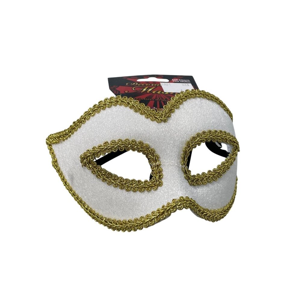 Venetian Decorative Mask Forum Novelties Elastic Strap White Gold Trim Party NEW